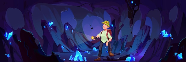 Vettore gratuito uomo alla ricerca di un tesoro di cristallo all'interno della miniera grotta cartone animato personaggio maschile esploratore sotterraneo ragazzo turistico in una grotta oscura fantasia con gemma di pietra di quarzo tunnel sotterraneo del canyon
