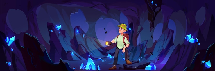 Free Vector man looking for crystal treasure inside mine cave cartoon background male character explorer underground tourist guy in dark fantasy grotto place with gem quartz stone under ground canyon tunnel