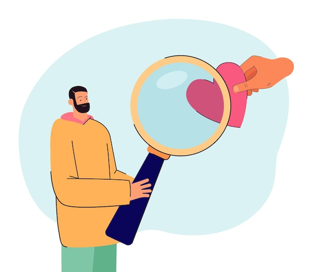 Man looking at heart through magnifier flat vector illustration