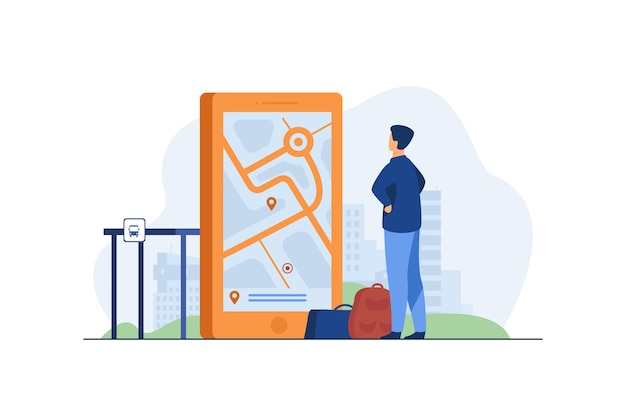 Vettore gratuito uomo che cerca il percorso sulla mappa nell'app mobile.
