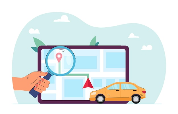 Man looking through loupe at car route on mobile map app. Persons hand holding magnifying glass flat vector illustration. GPS service, location concept for banner, website design or landing web page