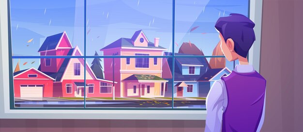 Man looking at window at autumn landscape of city street in rain Vector cartoon illustration of town with houses road leaves fall and person standing inside home