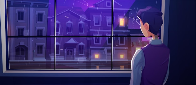 Man looking at window at rain on city street Vector cartoon illustration of thunderstorm with lightning in town with houses road and person standing inside home at rainy night