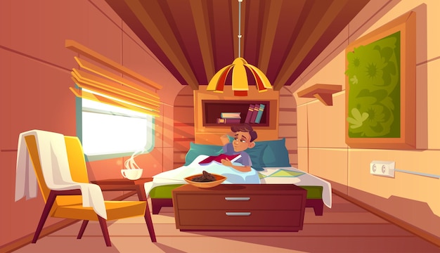 Uomo sdraiato a letto in camper al mattino fumetto illustrazione vettoriale di interni accoglienti della camera da letto in tra...