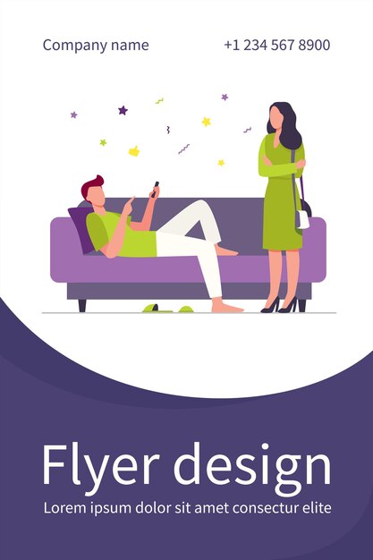 Free vector man lying on sofa when woman standing and looking at him. couch, laziness, wife flat flyer template