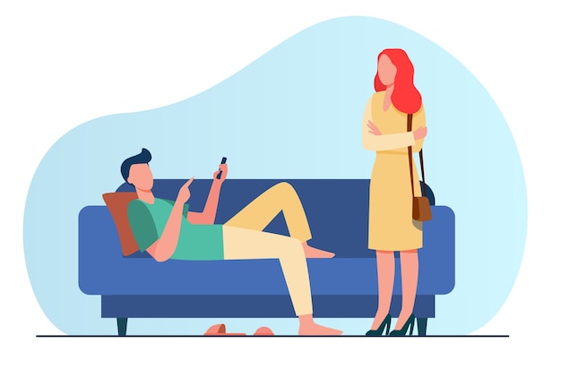 Man lying on sofa when woman standing and looking at him. Couch, laziness, wife flat vector illustration. Family and relationship
