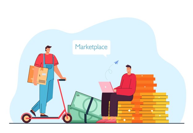 Uomo che fa un ordine online sull'illustrazione vettoriale piatta del mercato marketplace