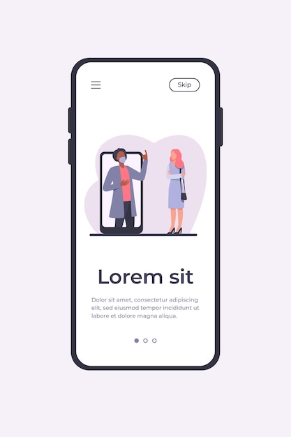 여자에 게 뭔가 설명하는 전화 화면에 마스크에 남자. 스마트 폰, 검역, 바이러스 평면 벡터 일러스트 레이 션. 배너, 웹 사이트 디자인 또는 방문 웹 페이지에 대한 유행성 및 보호 개념