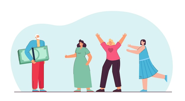 Man of old age holding money, happy women standing nearby. Girls wanting to be with rich partner flat vector illustration. Money and relationship concept for banner, website design, landing web page