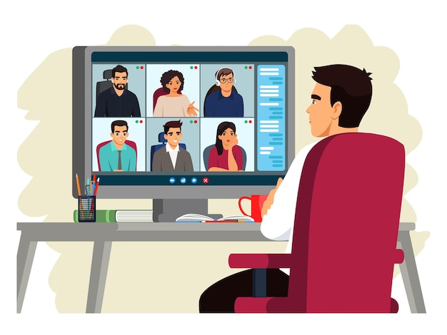 コンピューター画面を介したオンラインビデオ会議グループ通信の男性自宅の椅子に座って会議やウェビナーを聞いている男性リモートワークまたは学習