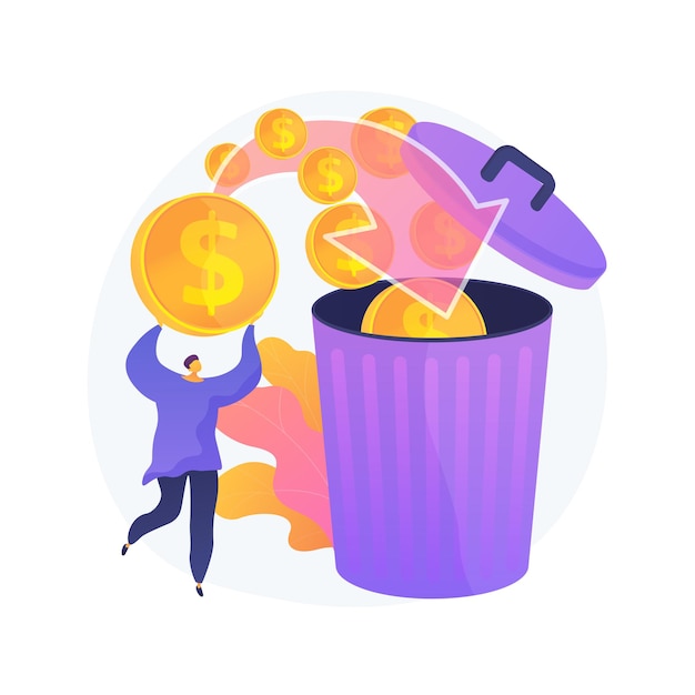 Free vector man overspending, throwing coins in dustbin. money waste, unprofitable investment, bad finances management. financial bankruptcy, guy losing savings.