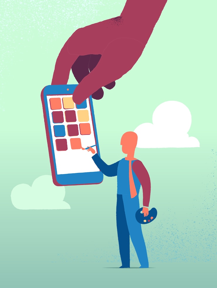 Free Vector man painting on smartphone screen
