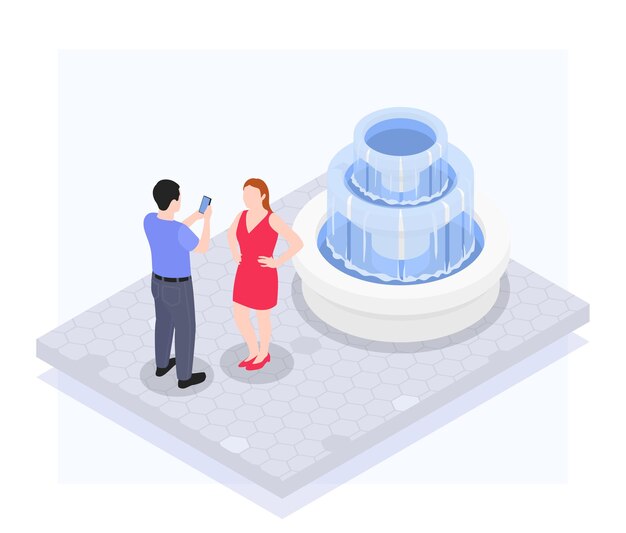 A man photographs a woman in front of a fountain on a mobile isometric illustration