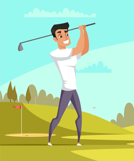 Free vector man playing golf male at court near park trees and hills on bright green background middle class leisure time luxury activity