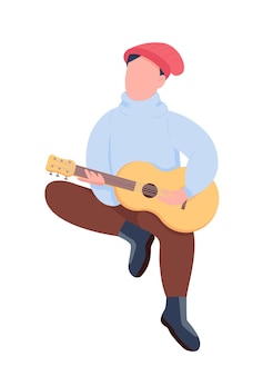 ギター​の​セミフラットカラーベクトル​文字​を​演奏する​男​。​座っている​姿​。​白​の​全身人​。​グラフィック​デザイン​と​アニメーション​の​ため​の​屋外​の​孤立した​モダンな​漫画​スタイル​の​イラスト​を​音楽