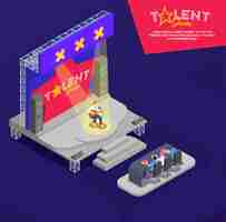 Free vector man playing guitar and singing on stage at tv talent show isometric composition