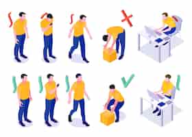 Free vector man postures isometric set with wrong and good standing walking lifting sitting at computer positions illustration