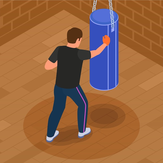 Человек, практикующий самооборону в тренажерном зале с изометрической концепцией векторной иллюстрации боксерской груши