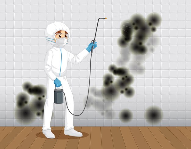 man in protective hazmat suit cleaning mold on the wall