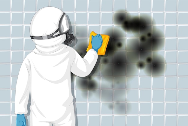 Free vector man in protective hazmat suit cleaning mold on the wall