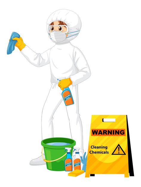 man in protective hazmat suit with cleaning chemicals sign