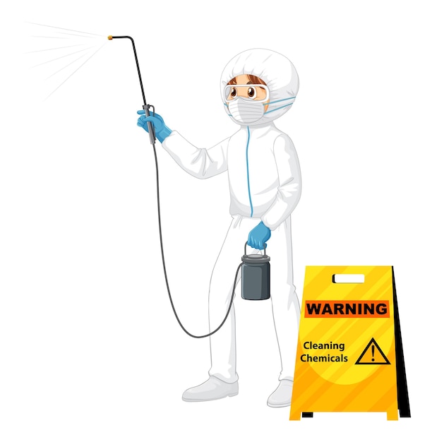 Man in protective hazmat suit with cleaning chemicals sign