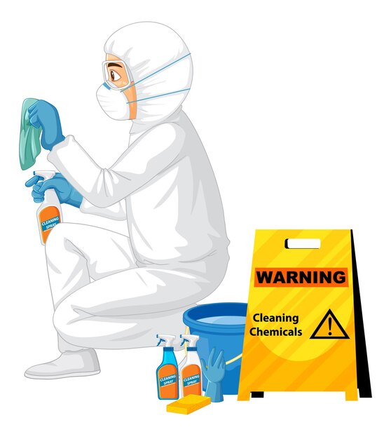 man in protective hazmat suit with cleaning chemicals sign