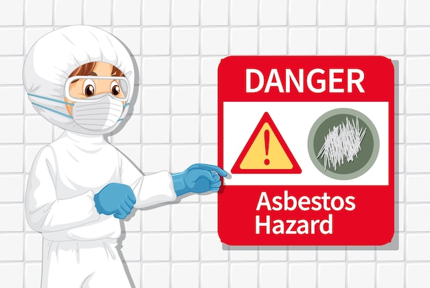 Man in protective hazmat suit with danger asbestos hazard sign