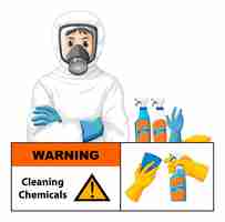 Free vector man in protective hazmat suit with warning cleaning chemicals si