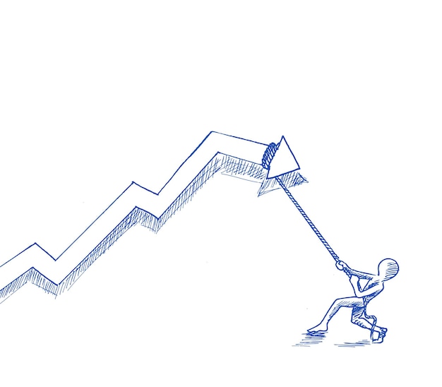Free vector man pulling a rope try to falling graph hand drawn sketch vector illustration