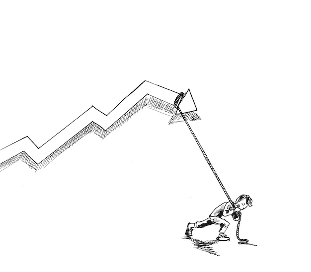 L'uomo tirando una corda prova a cadere grafico illustrazione vettoriale di schizzo disegnato a mano