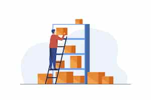 Free vector man putting boxes on shelves of rack.