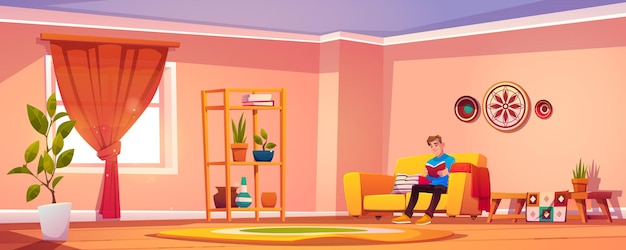 Человек читает книгу дома, молодой мужской персонаж сидит на диване в интерьере богемного стиля, расслабляясь, читает интересную литературу или готовится к экзамену, концепция образования