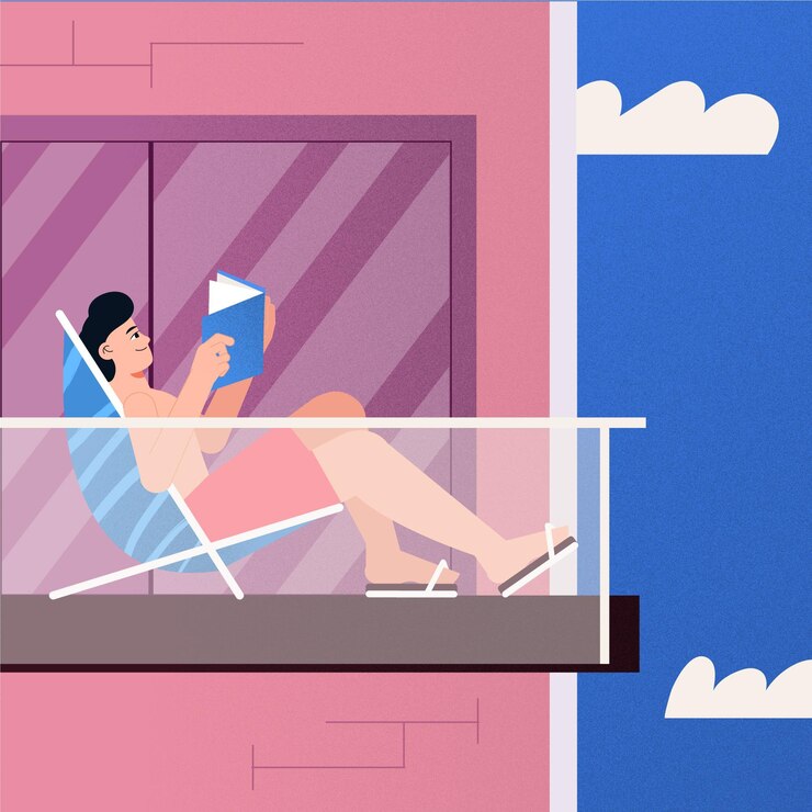 Free Vector man reading on the balcony staycation concept