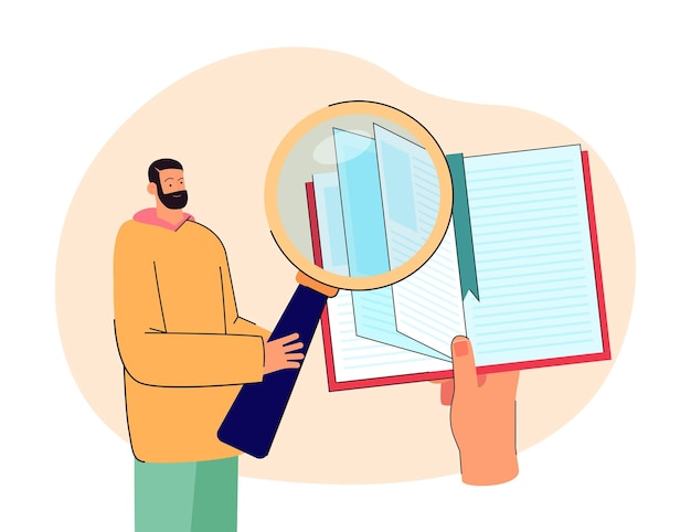 Man reading through magnifier flat vector illustration