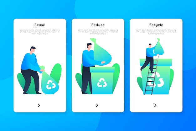 Free vector man recycling onboarding app screens