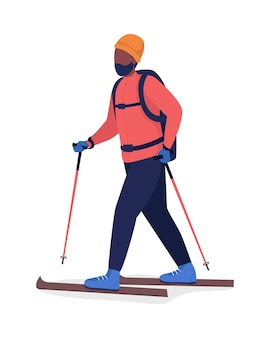 Man in red coat skiing semi flat color vector character