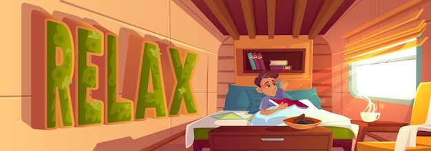 Free vector man relax in bed with book in cozy camping van interior with steaming coffee cup and cookies travele...