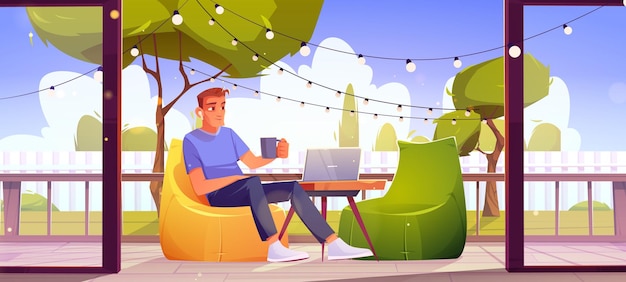 Man relax at outdoor home terrace male character with coffee cup sitting at wooden patio at armchair with laptop on table green trees and lawn view area for relaxation cartoon vector illustration