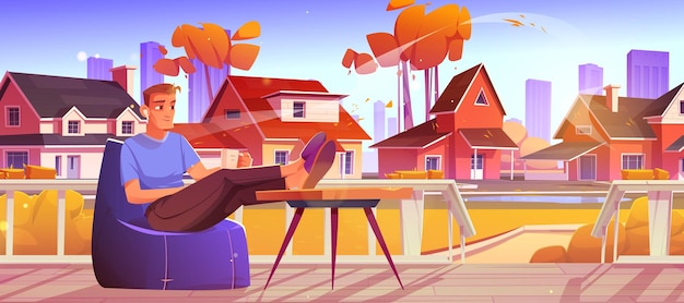 Free vector man relax at outdoor home terrace at suburban area