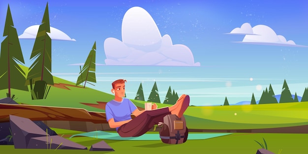 Man relax sitting on mat on green meadow