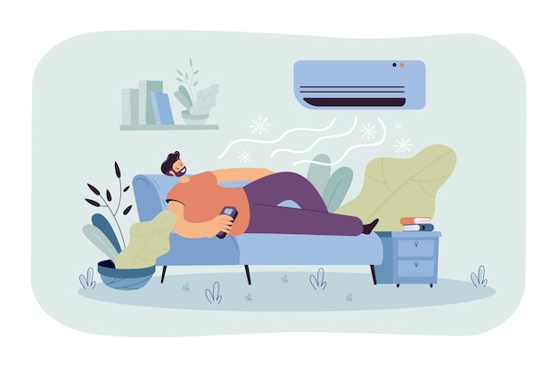 Мужчина расслабляется на диване под потоком холодного воздуха от кондиционера. Иллюстрации шаржа