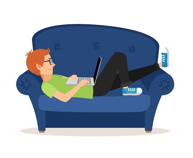 Free vector man relaxing on couch and using laptop