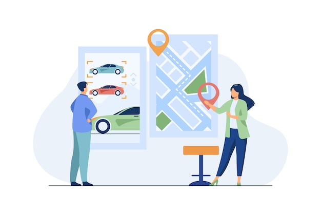 Man renting car. car sharing app, city map with pointers. consultant flat vector illustration. transportation, urban transport