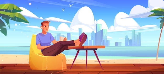 Free vector man rest on wooden terrace on sea beach