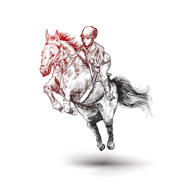 Free vector man rider on bay horse jumping over hurdle on equestrian sport competition