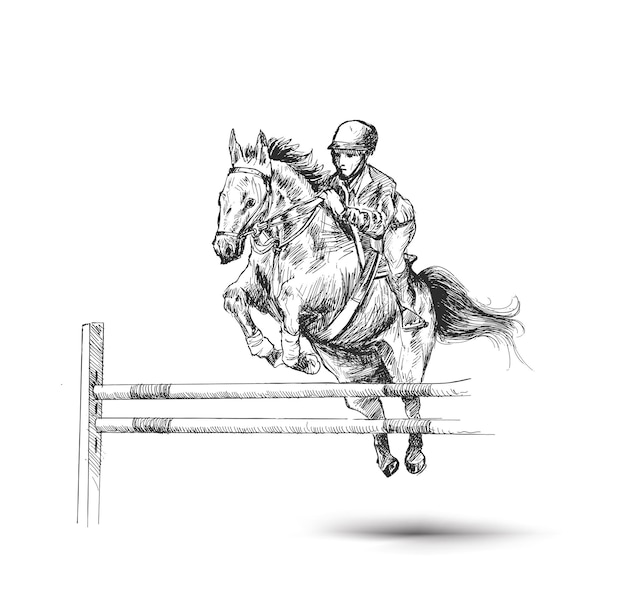 Vettore gratuito cavaliere dell'uomo sul cavallo della baia che salta sopra l'ostacolo sulla concorrenza di sport equestre