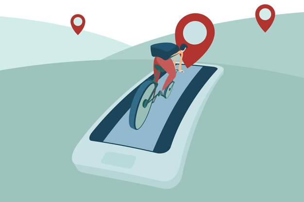 L'uomo guida la bicicletta con l'inseguimento di gps sull'illustrazione di navigazione dello smartphone del telefono cellulare.