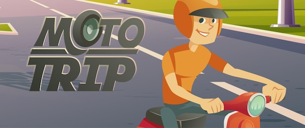 Man riding bike moto trip cartoon vector banner