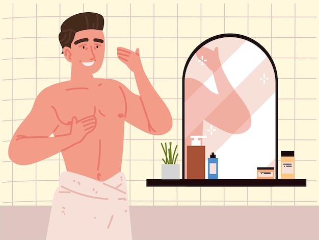 Free vector man routine morning front mirror